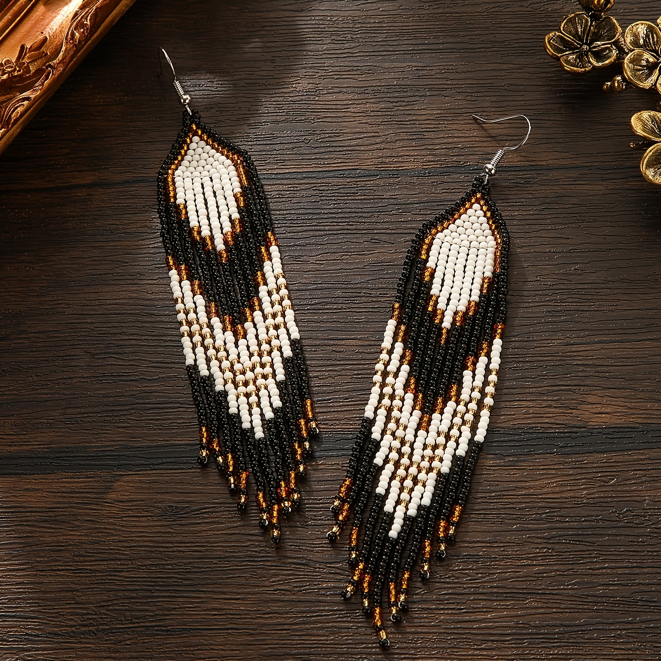 Women's Handmade Beaded Tassel Earrings, Two-Tone Set